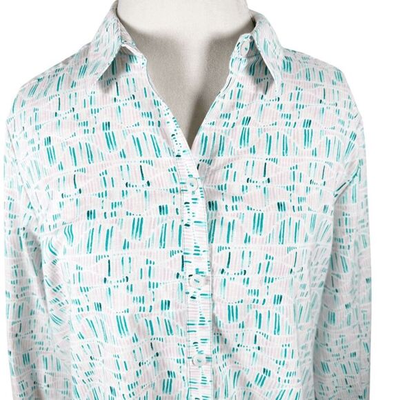 Foxcroft Non-Iron Abstract Retro Stripe Print Button Shirt Roll Tab Slvs Size 14 - Picture 7 of 7